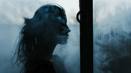Silhouette of a woman behind a foggy glass door with condensation and water droplets, creating a mysterious and moody atmosphere with soft ethereal lighting, evoking introspection and solitude