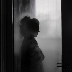 Silhouette of a woman behind a foggy glass door with condensation and water droplets, creating a mysterious and moody atmosphere with soft ethereal lighting, evoking introspection and solitude