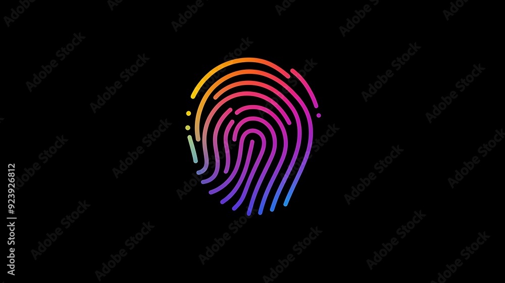 Poster vibrant fingerprint minimalistic logo design with gradient colors on black background in vector styl
