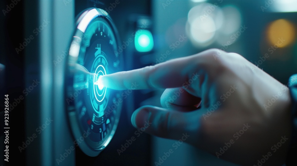 Poster finger pressing futuristic touchscreen with glowing interface and tech background. concepts of advan