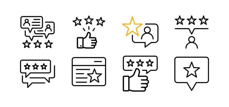 5 stars positive review. Rate icons set. Feedback icon collection. Concept of best ranking. Customer review. Good result. Star, envelope, smiling emoji, like thumb up and speech bubble.