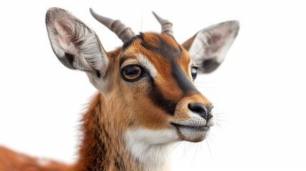 Fototapeta premium A close-up of an antelope's face, featuring its dark eyes, small horns, and a white patch around its mouth, isolated on a white background.