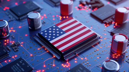 American flag on computer microchip surrounded by electronic components and red circuitry lights. Concepts of technology, national pride, and electronic innovation.