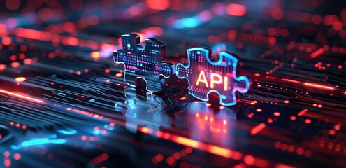 Glowing API text on illuminated puzzle pieces over a digital circuit board background. Concepts of software integration, technology, and data connectivity.