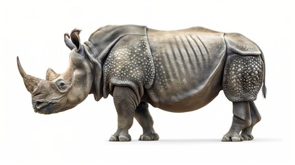 Fototapeta premium A full-body side profile of a greater one-horned rhinoceros, highlighting its thick, armor-like skin, and single prominent horn, standing against a white background.