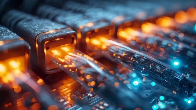 Glowing ethernet cables transmitting data in network server