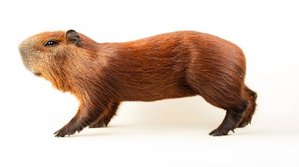 Side view of a capybara standing, showing its full body profile, on a white background. Copy space. 