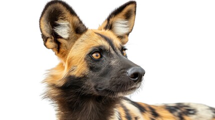 Close-up profile of an African wild dog, showcasing its distinct ear shape, alert expression, and unique fur pattern, isolated against a white background.