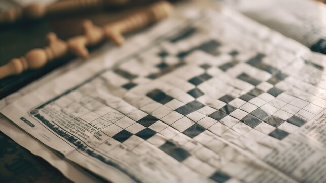 Wrinkled newspaper with partially solved crossword and blurred chess pieces in the background. Concepts of brain teasers, intellectual hobbies, and cozy leisure activities.