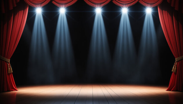 Sc&egrave;ne th&eacute;&acirc;tre op&eacute;ra rideaux rouges projecteurs planches.