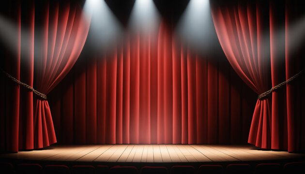 Sc&egrave;ne th&eacute;&acirc;tre op&eacute;ra rideaux rouges projecteurs planches.