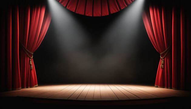 Sc&egrave;ne th&eacute;&acirc;tre op&eacute;ra rideaux rouges projecteurs planches.