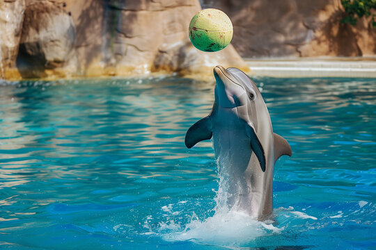 Dolphin performing a trick with a ball in a marine park, natural daylight, playful mood. Generative AI