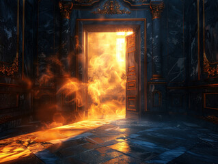 Fototapeta premium Bright mystical light penetrating through an open antique doorway into dark luxuriously decorated room.