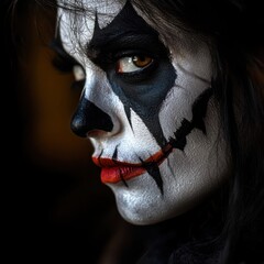 Close-up portrait of a girl in scary Halloween makeup on a dark background