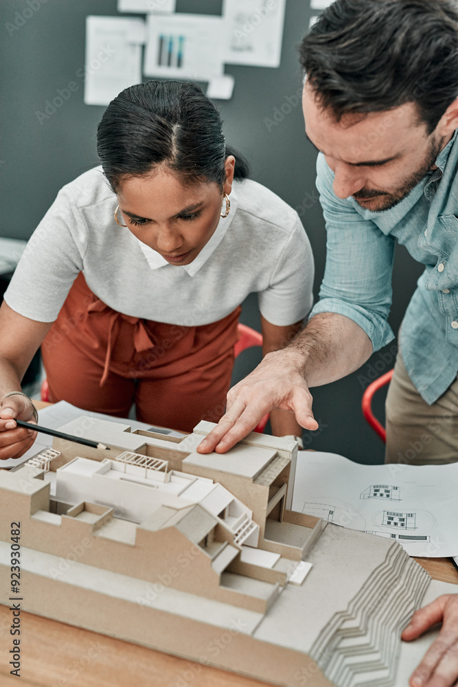 Poster woman, man and model of building at architecture with review, discussion and planning with teamwork.