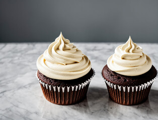 Delicious Chocolate Cupcakes With Swirls of Creamy Frosting on Marble Countertop