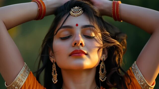 Serene Indian Woman in Traditional Attire Posing Outdoors, 4k video