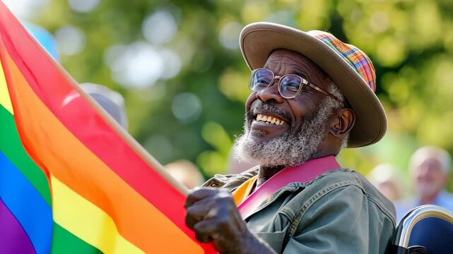 Joyful Elderly African-American Man Celebrating Pride with a Rainbow Flag Outdoors, 4k video