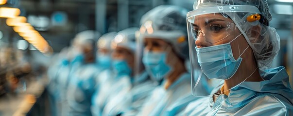 Factory workers wearing protective gear, emphasizing safety protocols (selective focus, safety theme, realistic, composite, workshop backdrop)