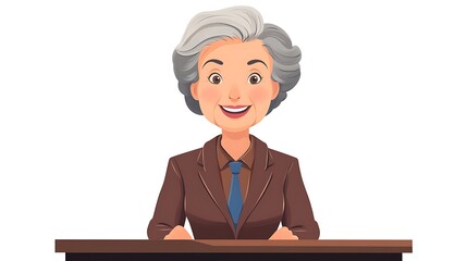 Cheerful Elderly Female News Anchor Reporting Happenings Behind Desk - Vector Cartoon Illustration