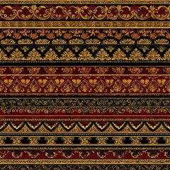 A vibrant striped pattern featuring red, black, and gold colors