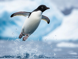 Fototapeta premium An Adelie penguin leaping out of the icy Antarctic waters, droplets of water suspended in mid-air as it ascends, with icebergs in the background