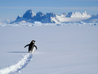 An Adelie penguin sliding on its belly across a sheet of ice, photo, with a trail left behind in the snow and distant mountains in the background