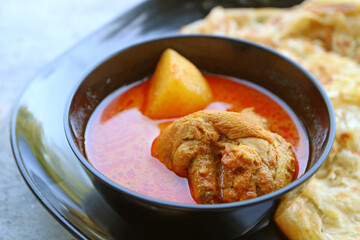 Closeup of Flavorful Spicy Indian Chicken Curry with Roti Flatbread