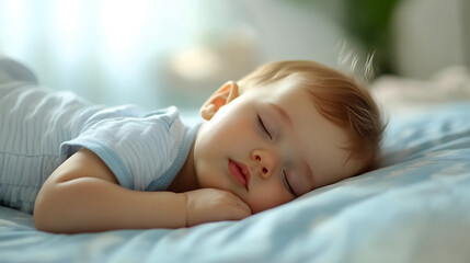 Fototapeta premium Cute baby sleeping on a blue bed in a bedroom, a closeup photo of an adorable child resting at home