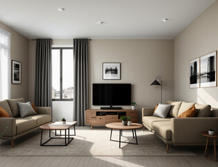 Fototapeta premium Modern Living Room Interior With Minimalist Design and Natural Light in the Afternoon