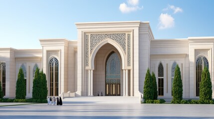 Fototapeta premium People stroll in front of a modern mosque with a white facade and decorative arches, surrounded by trees and soft evening light