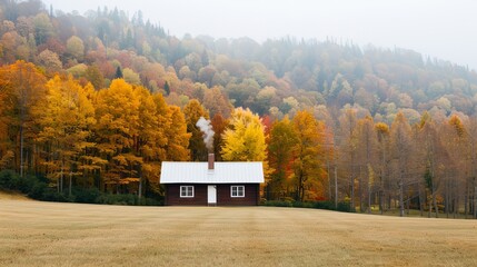 The cabin is surrounded by trees with leaves that are changing colors