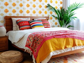 Bohemian Dream: Colorful Textiles and Vibrant Wallpaper in a Cozy Bedroom