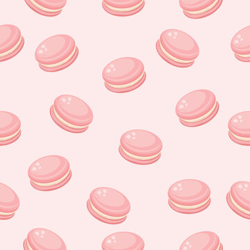 Pink macarons pattern on pnik background,background for wrapping paper,kitchen design,vector illustration.