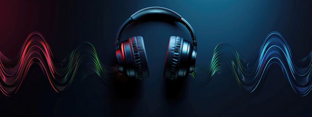Black headphones with colorful sound waves on dark, gradient background. Concepts of music, audio technology, and immersive sound experience.