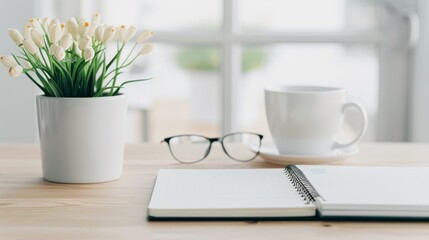 A white laptop sits on a desk next to a white mug and a potted plant
