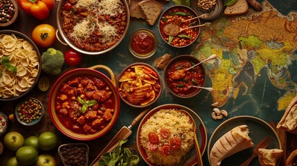 A vibrant blend of global cuisines showcasing culinary traditions enriched by globalization.