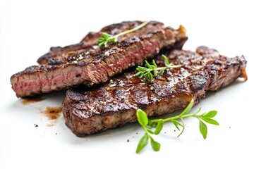 Flank Steak on White Background. Grilled meat plate, beef dinner meal cooked on bar-b-q