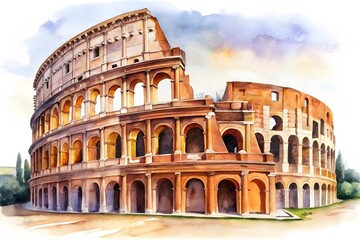 Fototapeta premium The Colosseum Rome Italy,Watercolor Painting, Adulation, Ancient, Antique white background. 