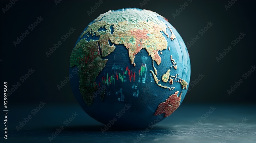 Poster 3d globe with economic graphs showing steep china rise and global declines