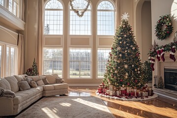 A stunning Christmas tree stands tall in a spacious living room, adorned with ornaments, garlands, and twinkling lights. The room's high ceiling and large windows add to the festive ambiance.