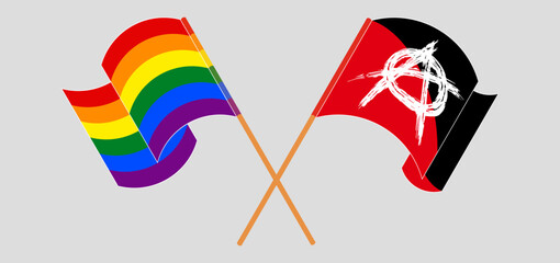 Crossed and waving flags of LGBTQ and Anarchy