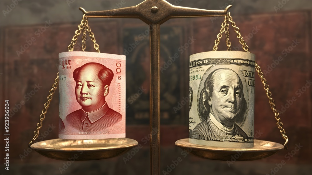 Aufkleber 3D Render of Unbalanced Scale With Chinese Yuan and US Dollar Symbolizing Trade Deficit