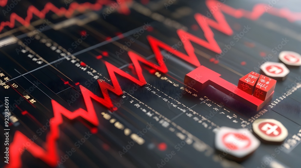 Poster 3d visualization of chinese yuan balance sheet with downward trending arrow
