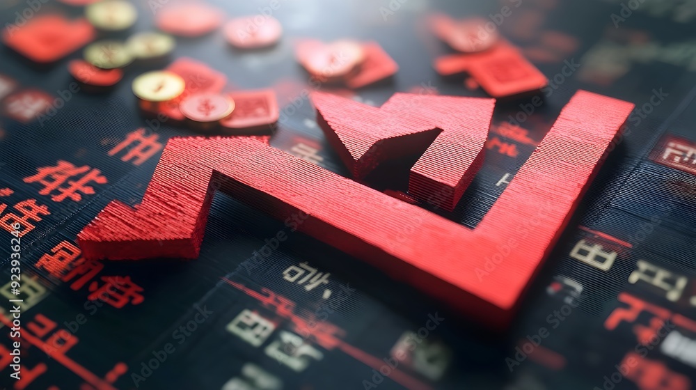 Aufkleber 3D Visualization of Declining Chinese Yuan Balance Sheet with Red Downward Arrow