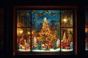A festive holiday window display at a department store, featuring snowflakes, ornaments, and a giant Christmas tree. The illustration is colorful and whimsical, evoking a sense of wonder and joy.