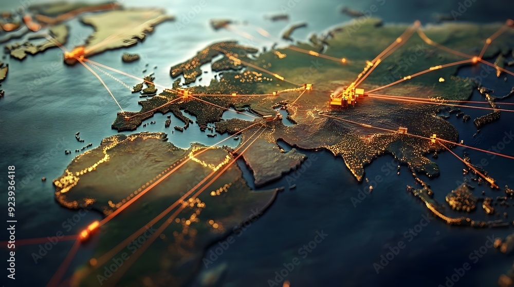 Poster 3d world map with trade route arrows converging on china