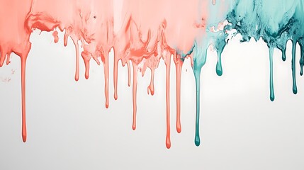 Fototapeta premium Vivid Coral Paint Dripping with Mint Green and Indigo Splashes on White Background