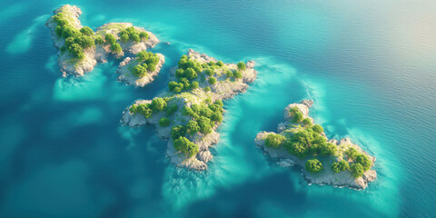 Obraz premium Aerial View of Lush Green Island Clusters in Turquoise Blue Ocean